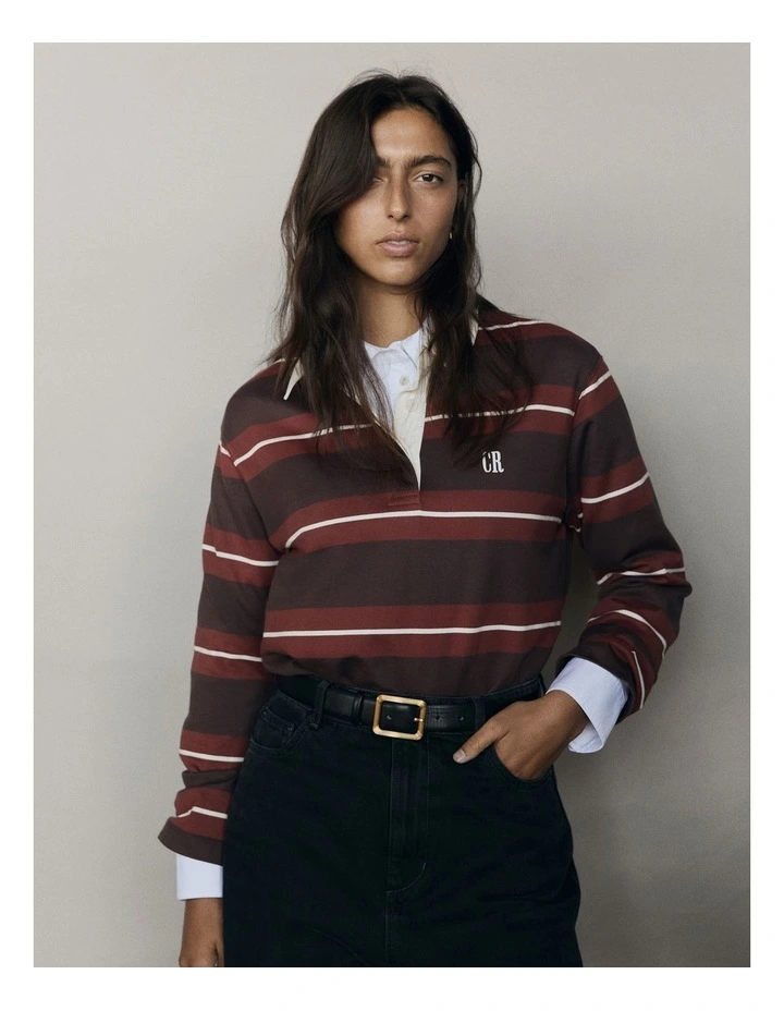 Australian Cotton Stripe Rugby Polo Sweat in Redwood Stripe image 2