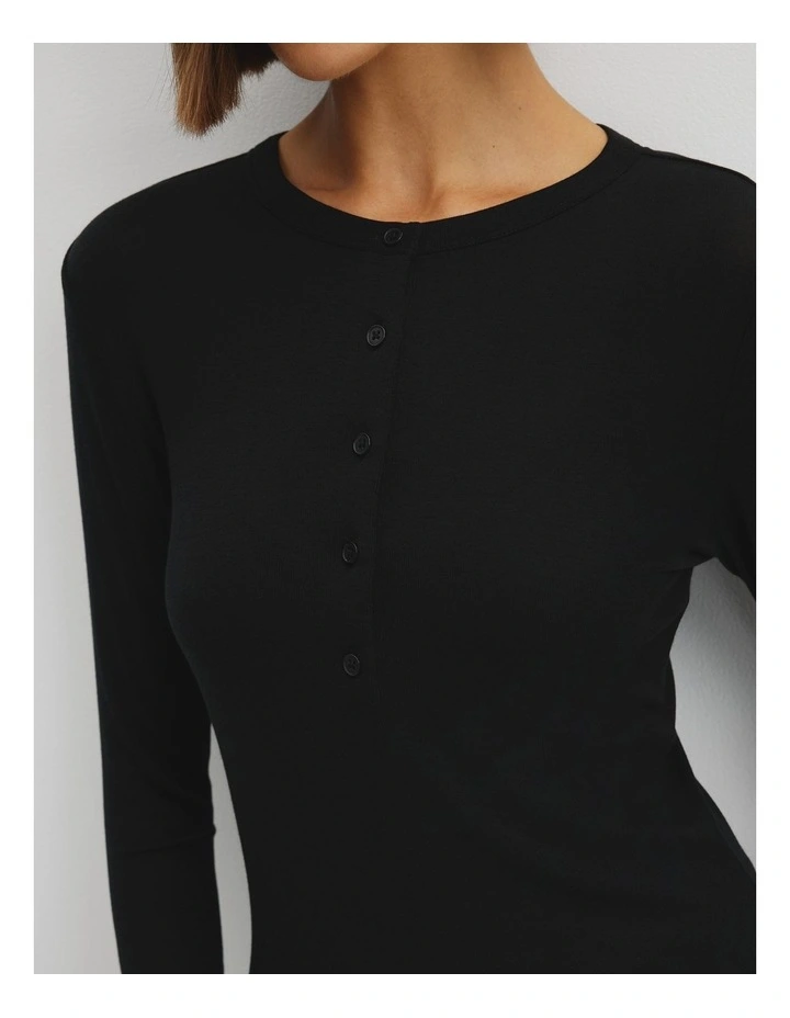 Soft Henley Longsleeve Top in Black image 3