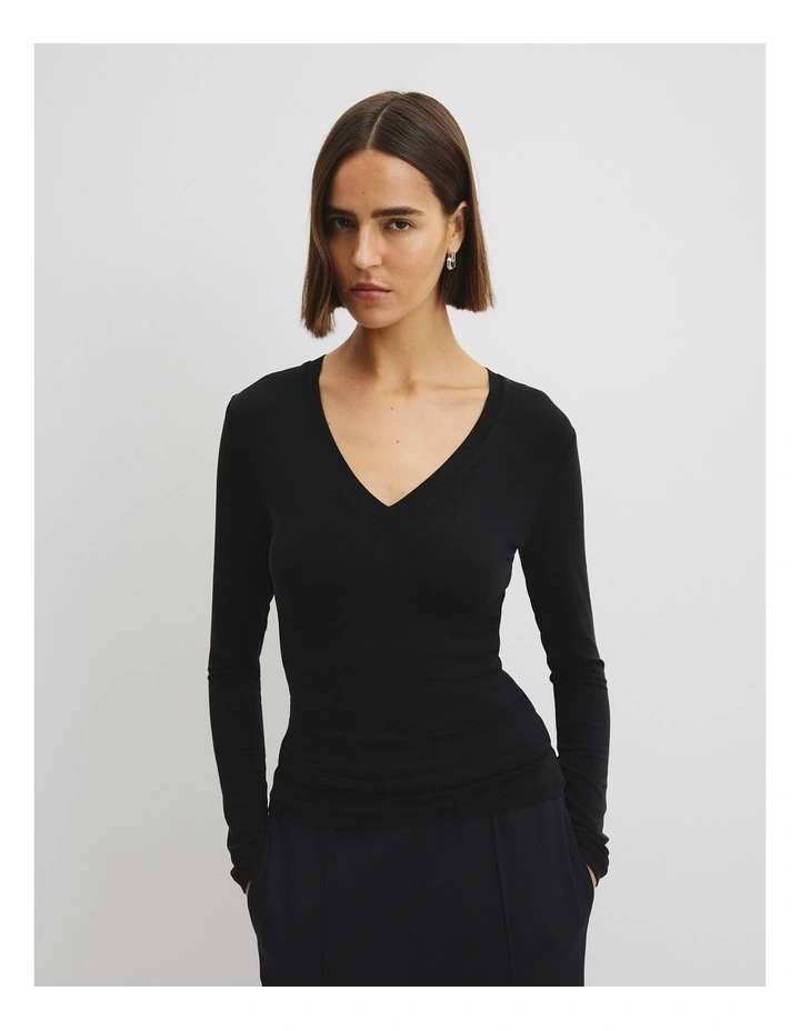 Cupro Rib V-neck Neck Top in Black image 2