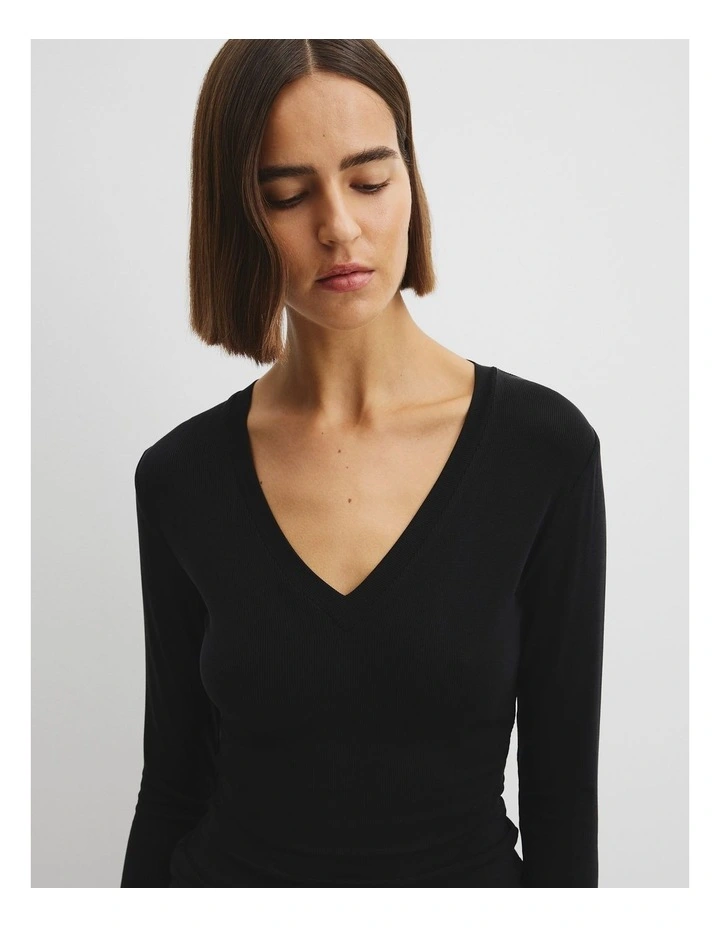 Cupro Rib V-neck Neck Top in Black image 3