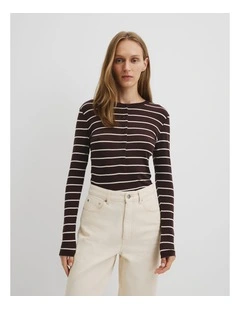Soft Henley Longsleeve Top in Cocoa Bean Stripe