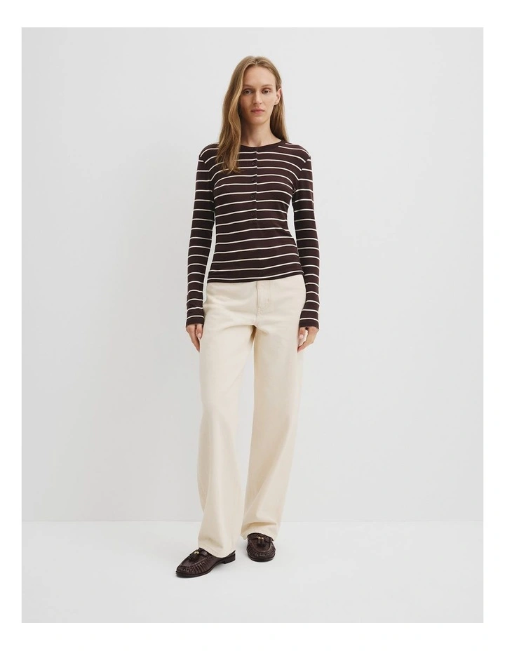 Soft Henley Longsleeve Top in Cocoa Bean Stripe image 3