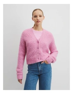 Long Sleeve Fluffy Knit Cardigan in Orchid Pink