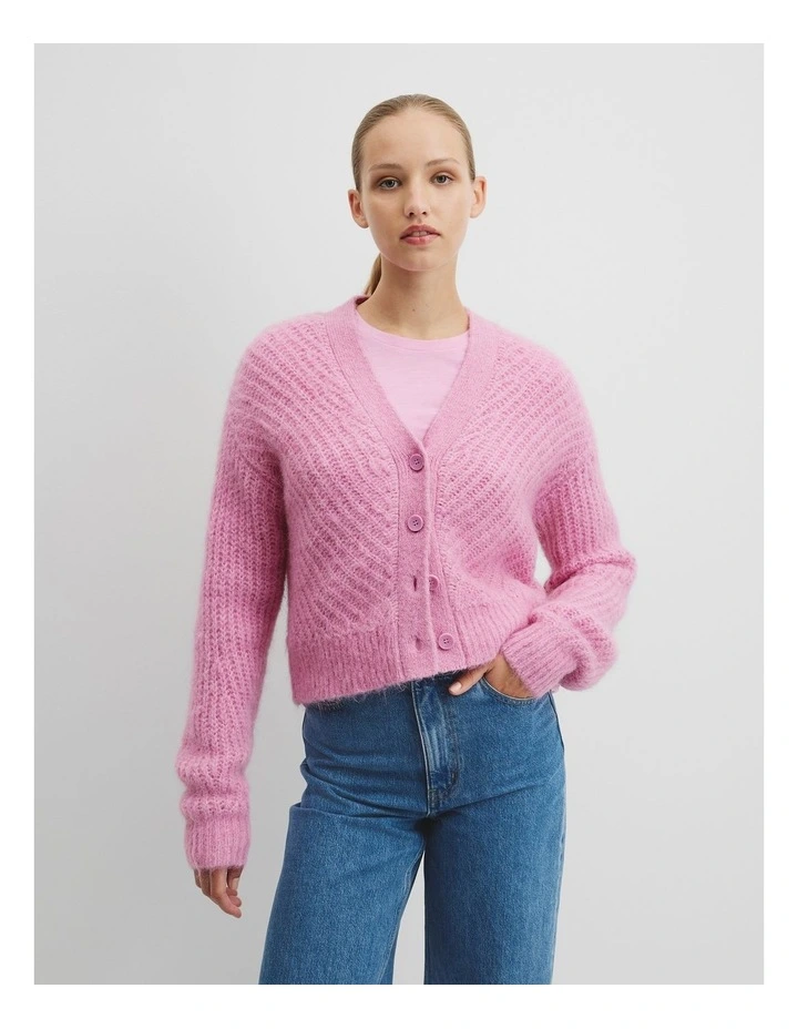 Long Sleeve Fluffy Knit Cardigan in Orchid Pink image 1