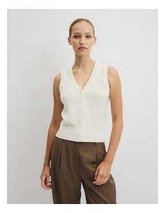 Cotton Cash Knit Vest in Antique White