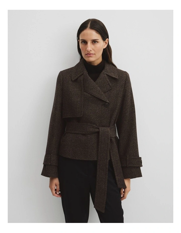 Check Wool Trench in Brown Check image 3