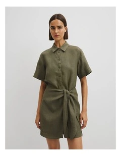 Organically Grown Linen Mini Linen Shirt Dress in Moss Green