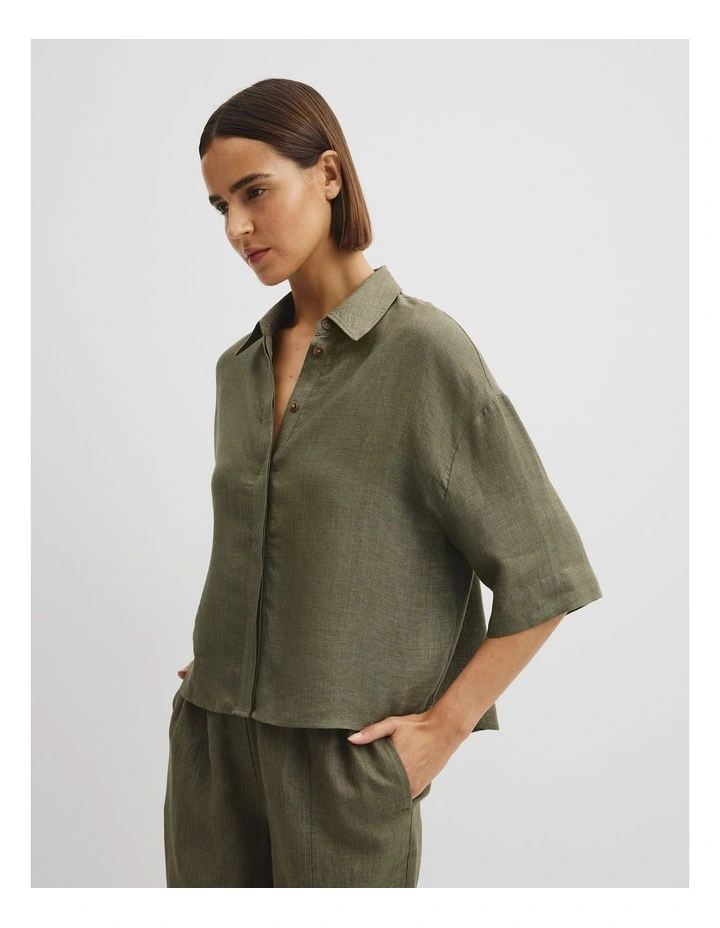 Organically Grown Linen Boxy Fit Shirt in Moss Green image 2