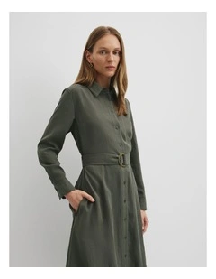 Belted Midi Shirt Dress in Moss Green