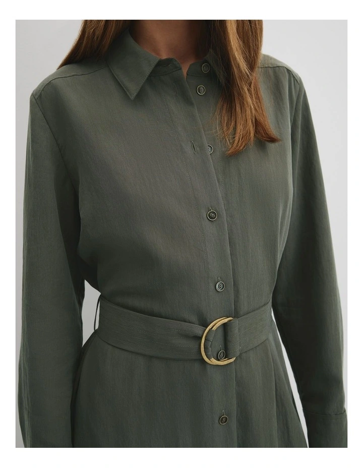 Belted Midi Shirt Dress in Moss Green image 2