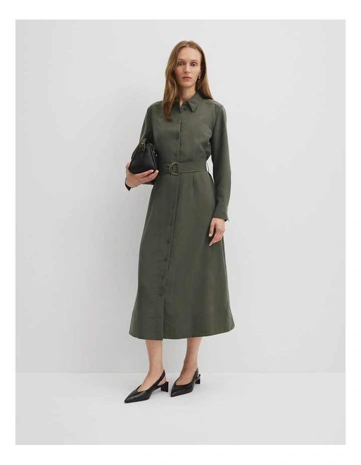 Belted Midi Shirt Dress in Moss Green image 3
