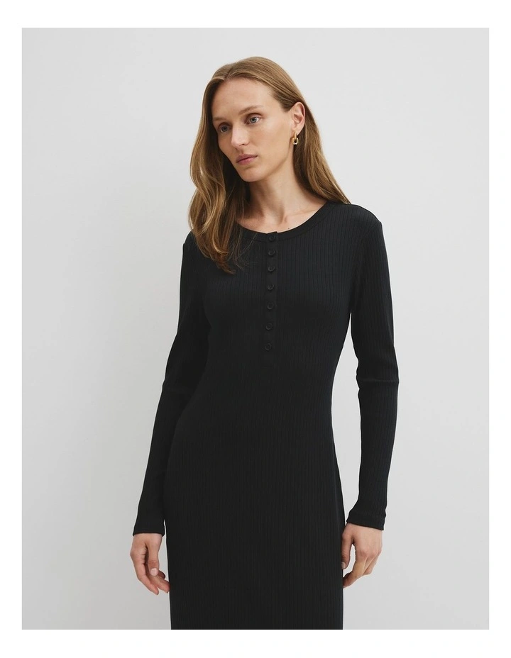 Long Sleeve Henley Dress in Black image 2