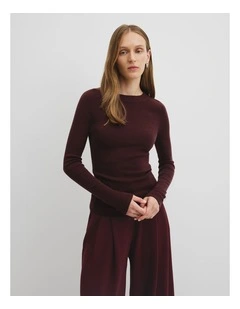 Australian Merino Wool Silk Long Sleeve Knit in Plum