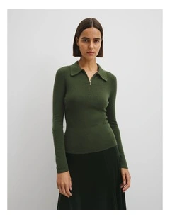 Wool Silk Collared Knit in Moss Green