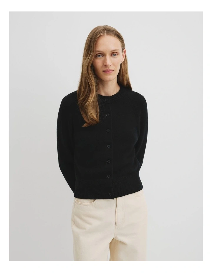 Cotton Cashmere Crew Neck Cardigan in Black image 2
