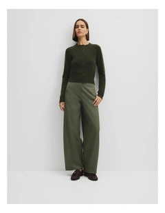 Cotton Cashmere Crew Neck Cardigan in Moss Green