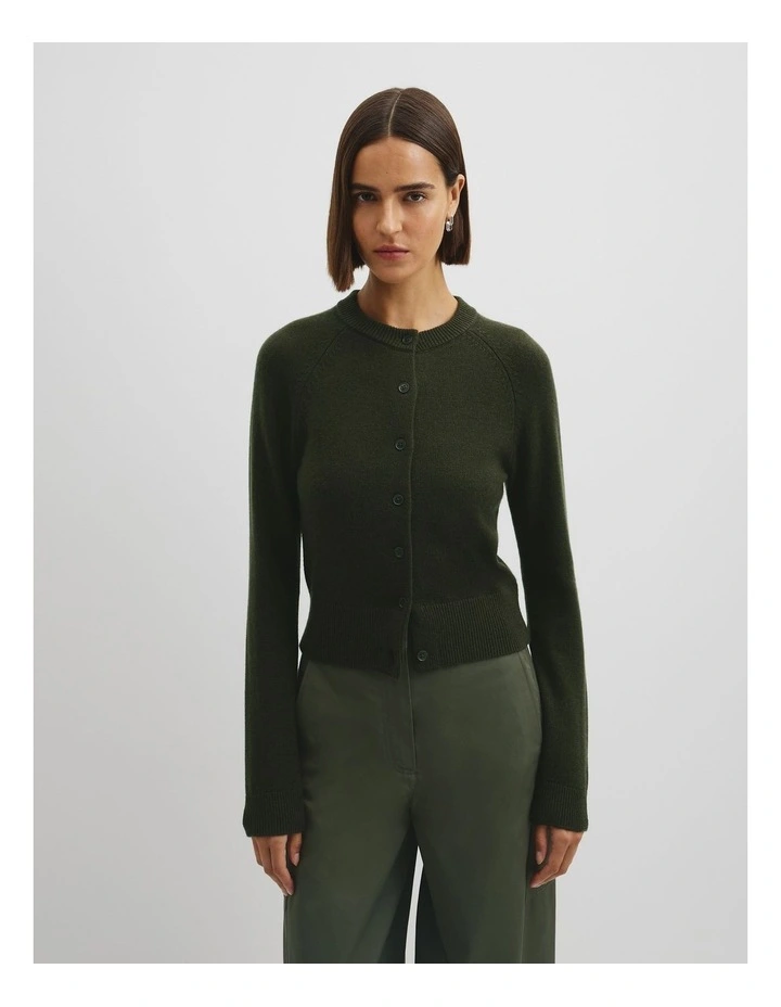 Cotton Cashmere Crew Neck Cardigan in Moss Green image 2