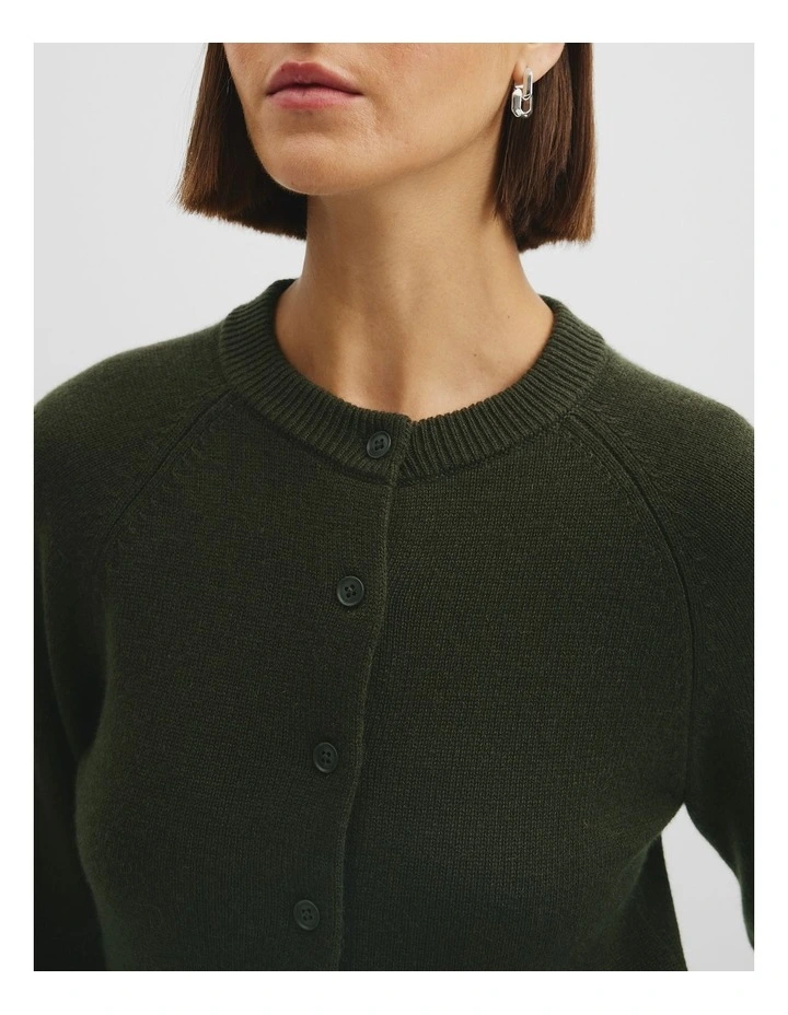 Cotton Cashmere Crew Neck Cardigan in Moss Green image 3