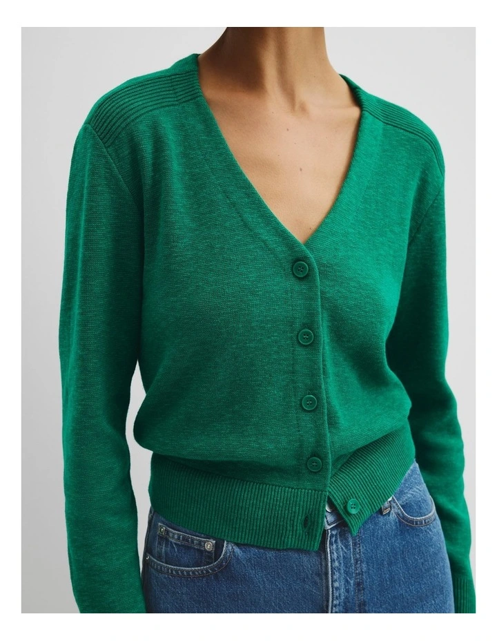 Organically Grown Cotton Linen Blend Knit Cardigan in Emerald image 3