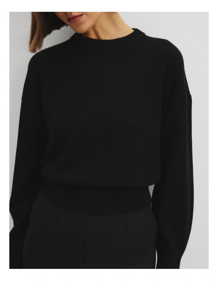Organically Grown Cotton Blend Crop Crew Neck Knit in Black image 3