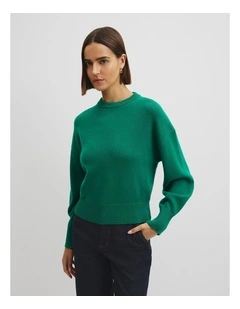 Organically Grown Cotton Blend Crop Crew Neck Knit in Emerald