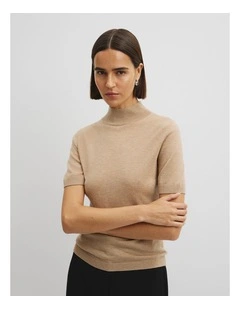 Short Sleeve Wool Silk Knit in Stone Taupe