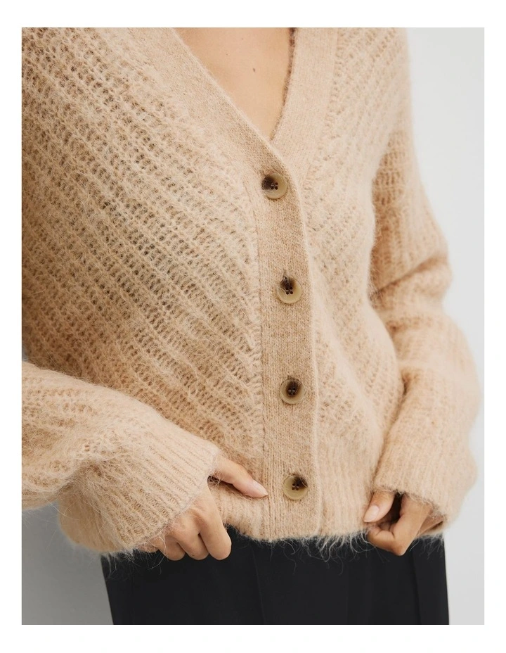 Fluffy Knit Cardigan in Camel Marle image 3