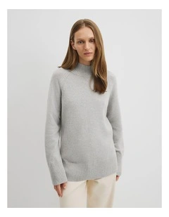Merino Wool Funnel Neck Knit in Light Grey Marle