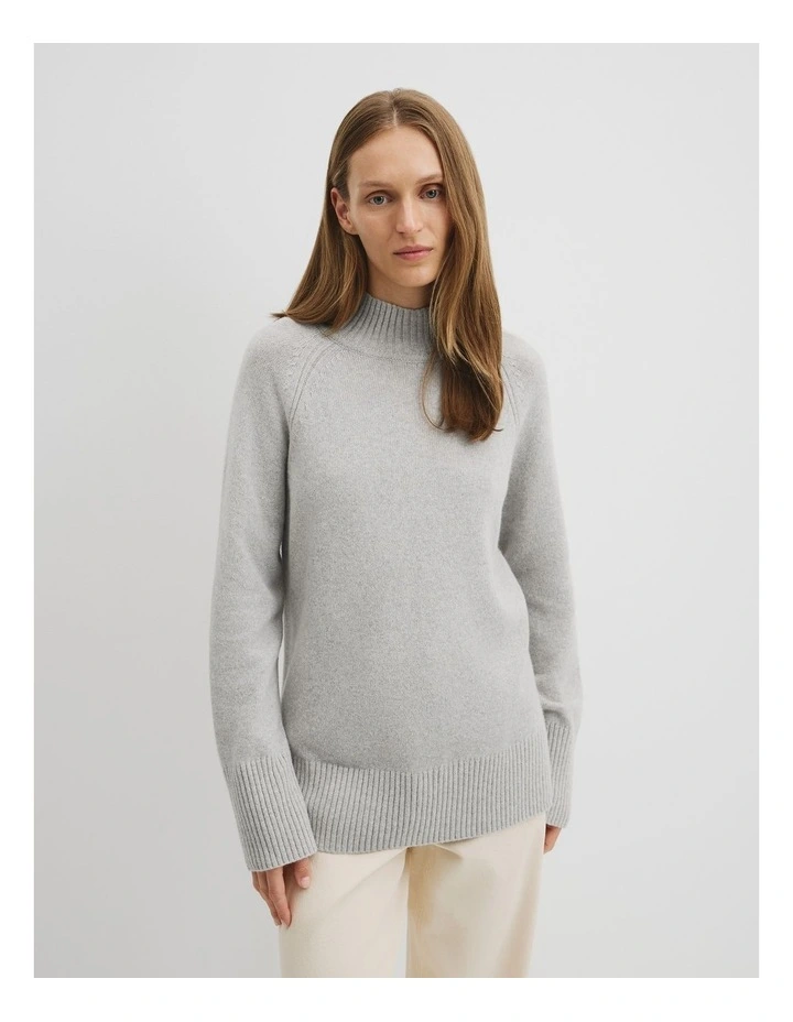 Merino Wool Funnel Neck Knit in Light Grey Marle image 1