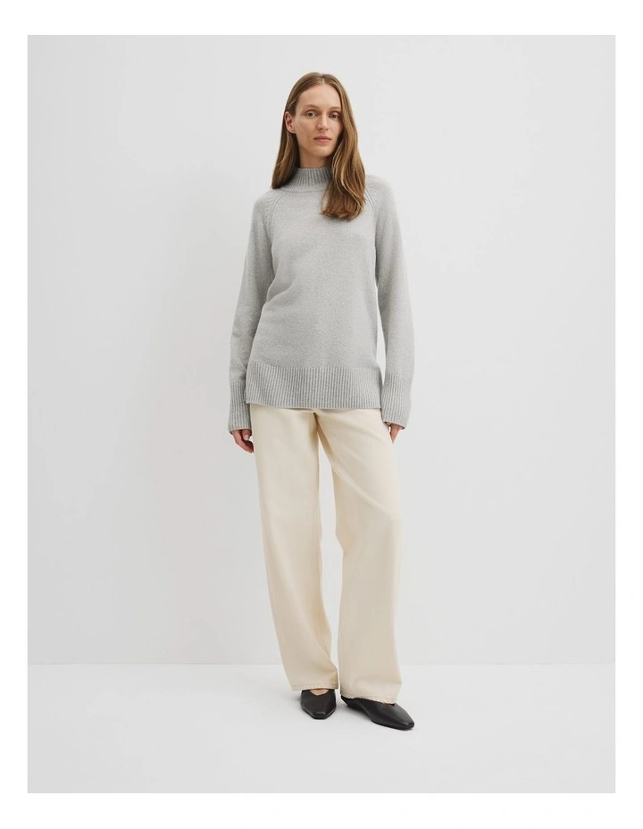 Merino Wool Funnel Neck Knit in Light Grey Marle image 3