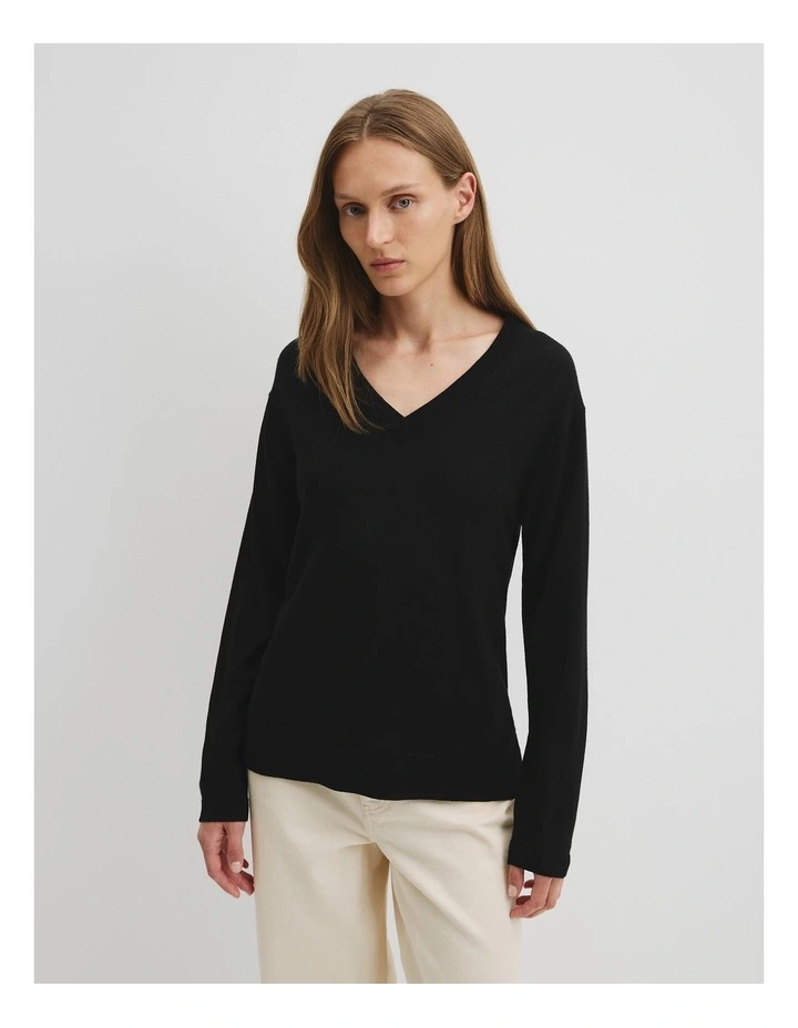Lightweight Merino V-neck Knit in Black image 1