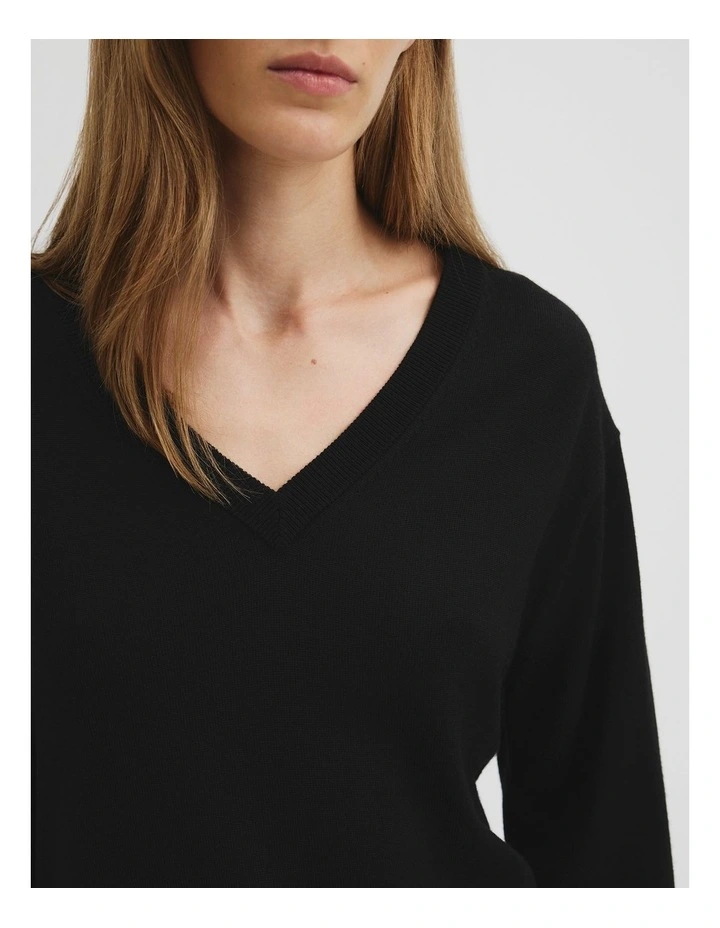 Lightweight Merino V-neck Knit in Black image 2