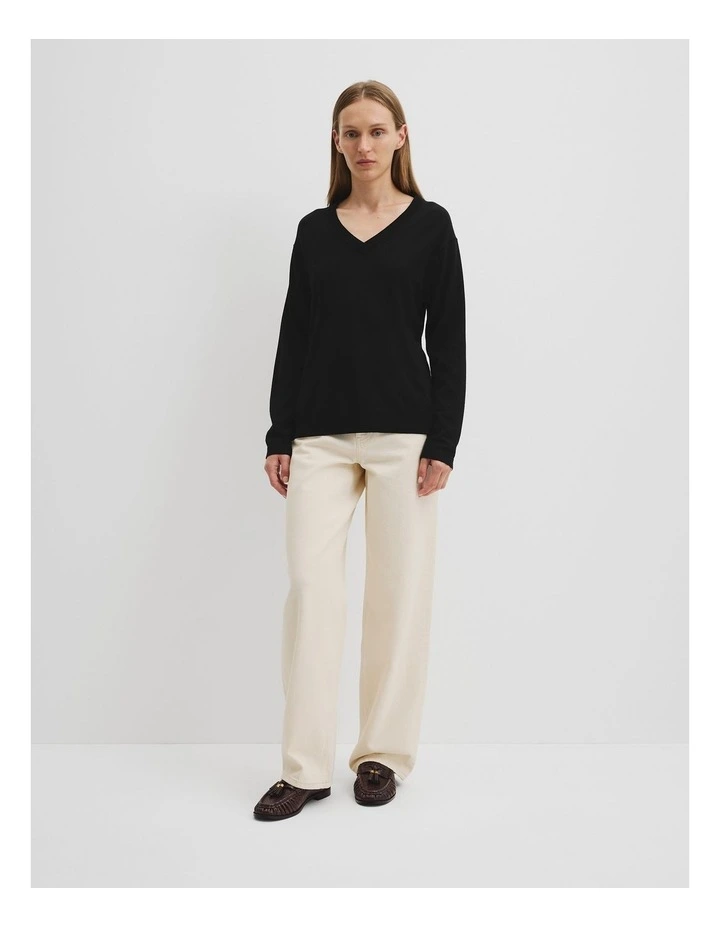 Lightweight Merino V-neck Knit in Black image 3