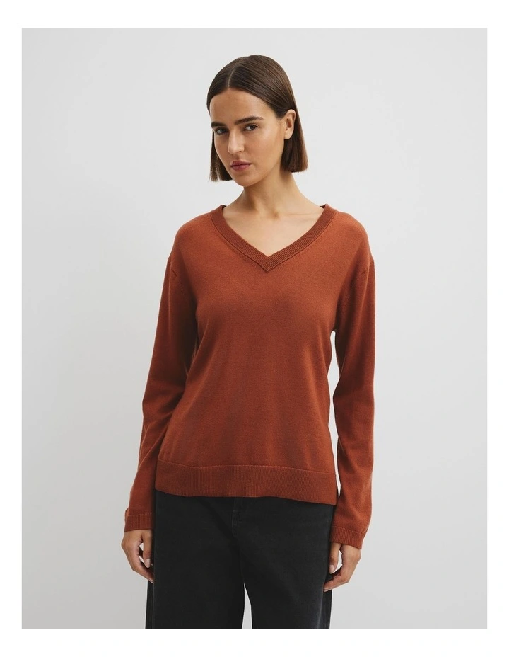 Lightweight Merino V-neck Knit in Redwood image 1