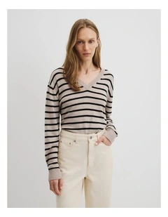 Stripe Lightweight Merino Wool V-neck Knit in Black Stripe