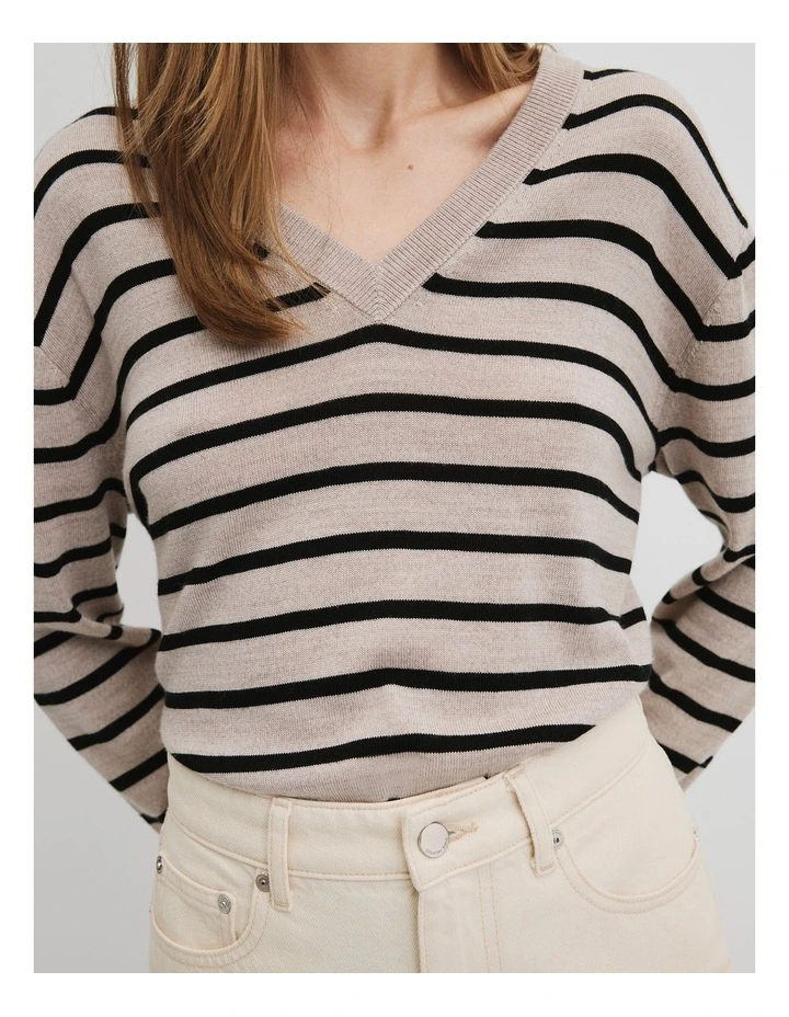 Stripe Lightweight Merino Wool V-neck Knit in Black Stripe image 2