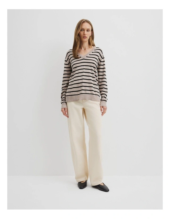 Stripe Lightweight Merino Wool V-neck Knit in Black Stripe image 3
