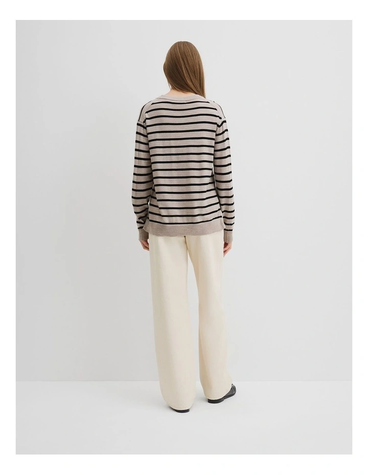 Stripe Lightweight Merino Wool V-neck Knit in Black Stripe image 4