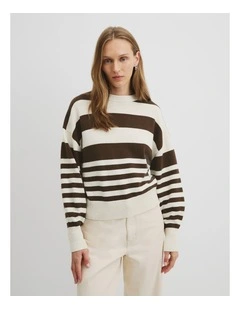 Stripe Crop Crew Neck Knit in Cocoa Bean Stripe