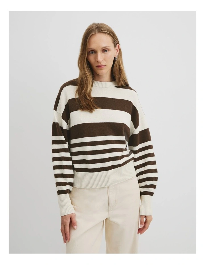 Stripe Crop Crew Neck Knit in Cocoa Bean Stripe image 1