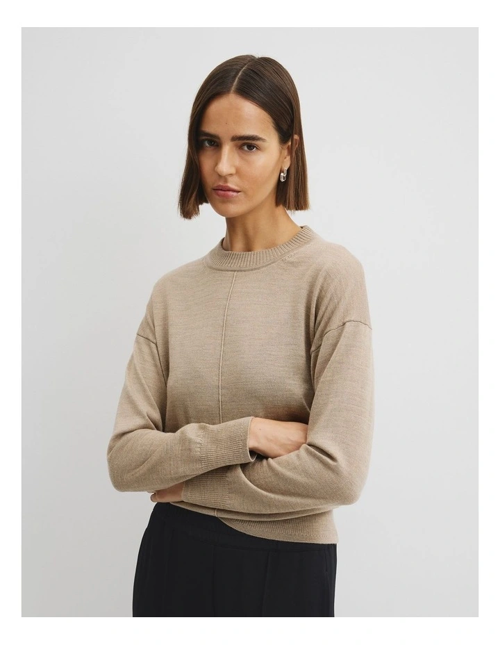 Lightweight Merino Wool Crew Neck Knit in Stone Taupe image 1