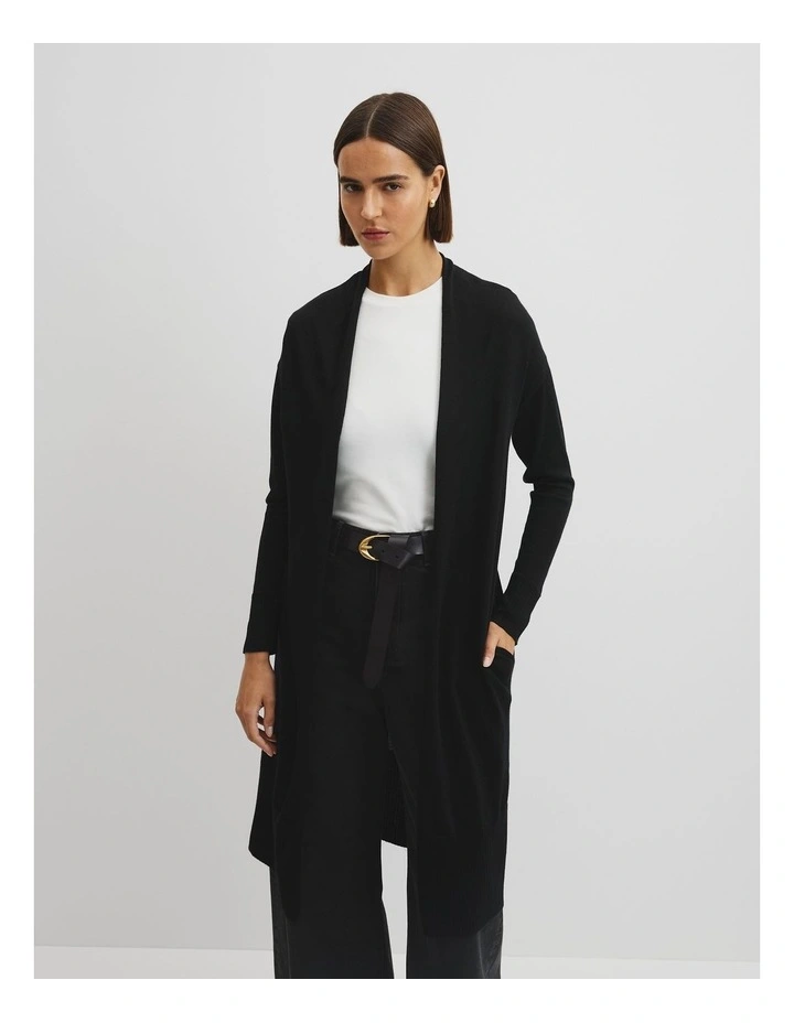 Lightweight Merino Wool Longline Cardigan in Black image 1