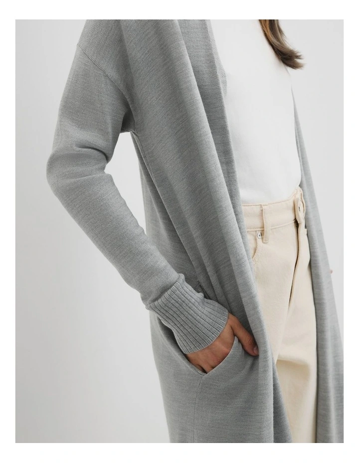 Lightweight Merino Wool Longline Cardigan in Light Grey Marle image 2