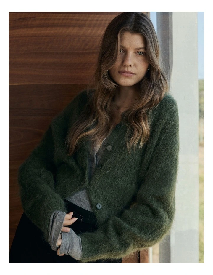 Long Sleeve Fluffy Cardigan in Moss Green image 2