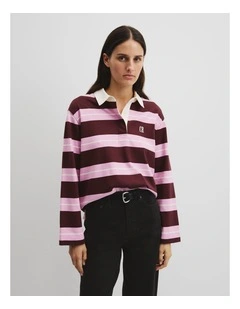 Australian Cotton Stripe Rugby Polo Sweat in Orchid Pink Strp