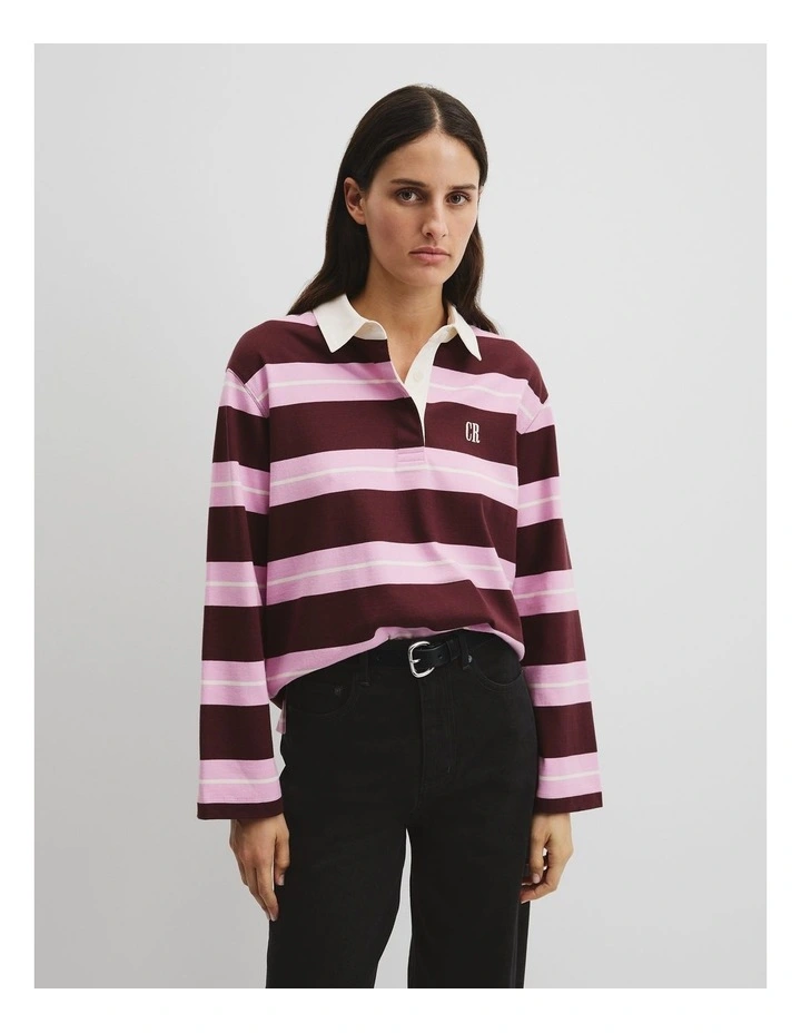 Australian Cotton Stripe Rugby Polo Sweat in Orchid Pink Strp image 1