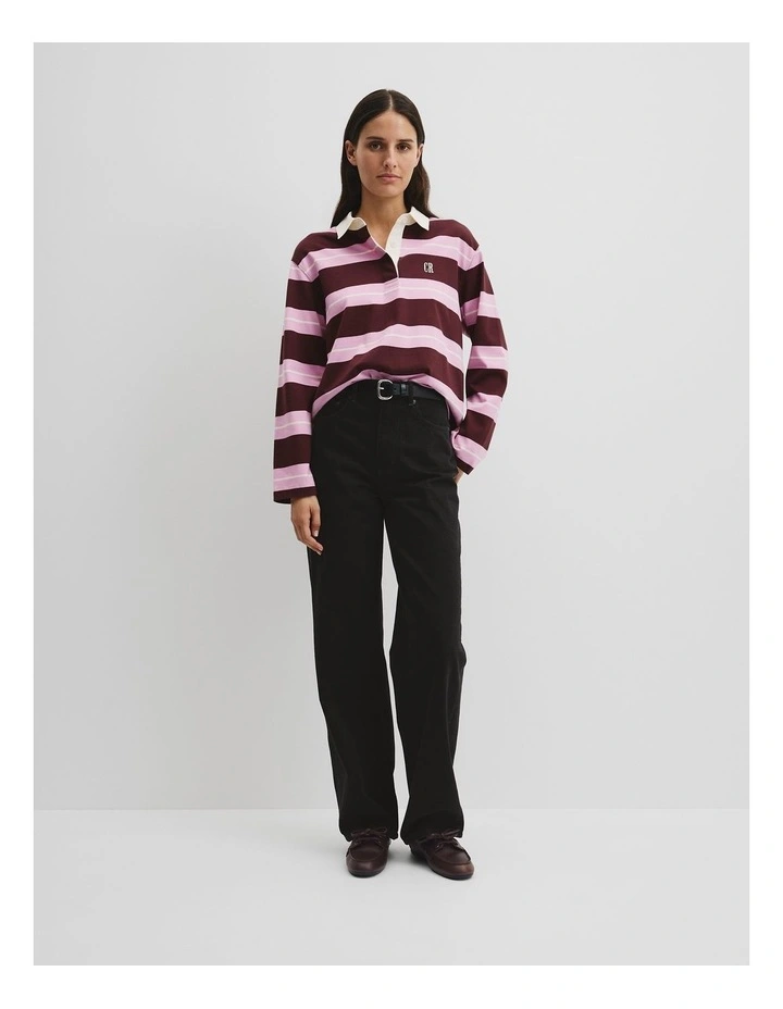 Australian Cotton Stripe Rugby Polo Sweat in Orchid Pink Strp image 2