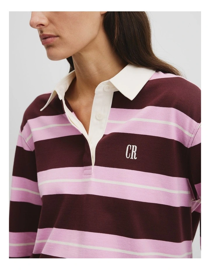 Australian Cotton Stripe Rugby Polo Sweat in Orchid Pink Strp image 3