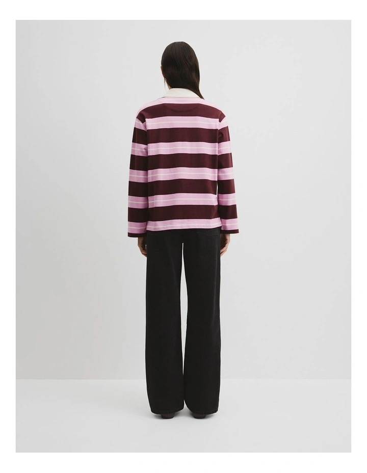Australian Cotton Stripe Rugby Polo Sweat in Orchid Pink Strp image 4