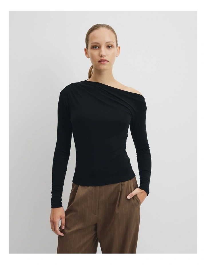 One Shoulder Long Sleeve Top in Black image 1